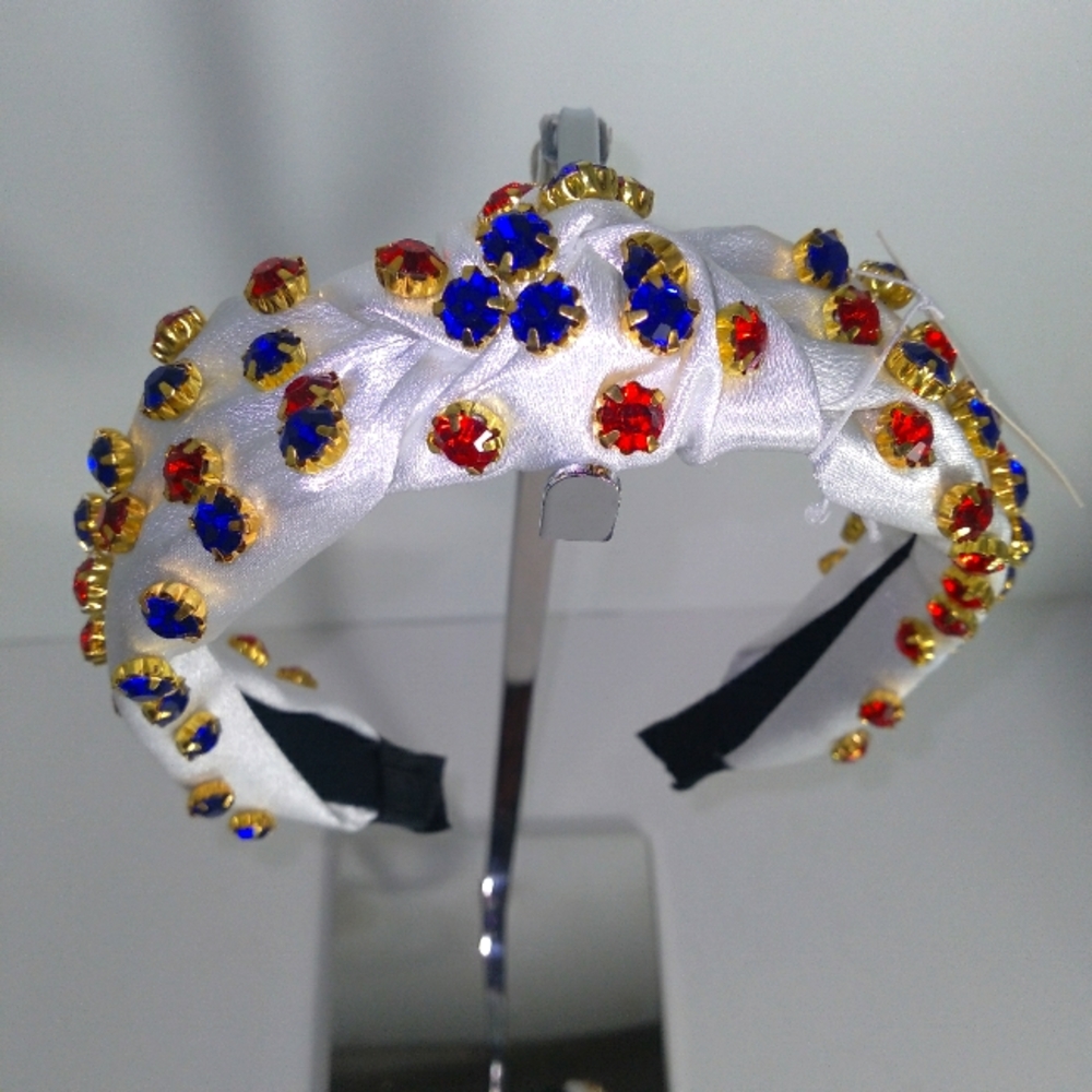 Embellished White Headband with Red and Blue Accents Rhinestones